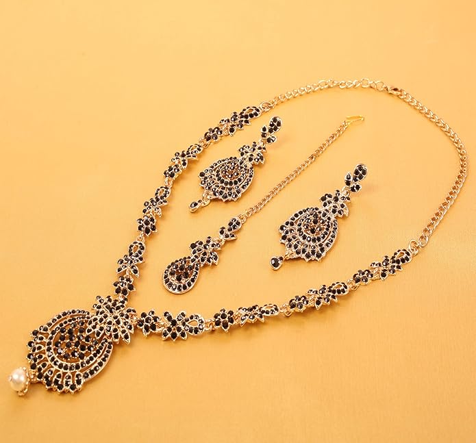 Touchstone Indian jewelry sets for women maang tikka wedding guest gold necklace bollywood jewellery set pageant elegant prom bride accessories western crystal chunky rhinestone necklaces