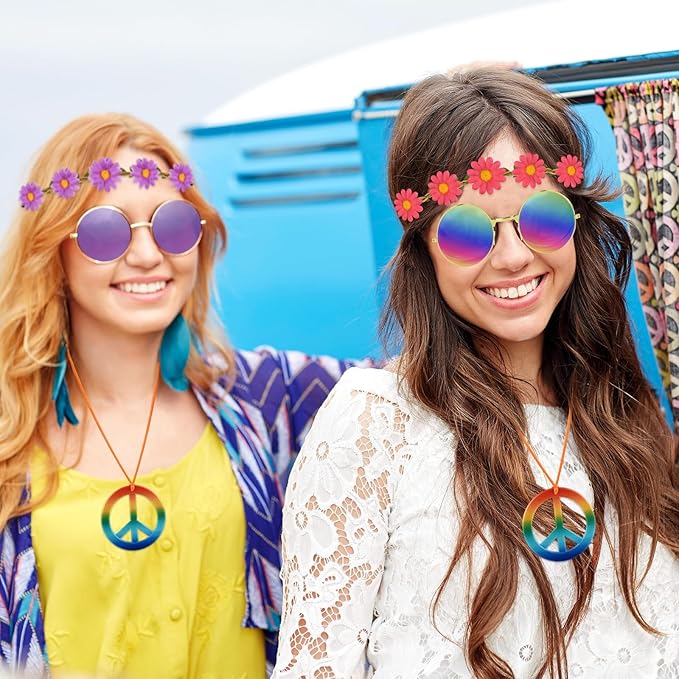 NEBURORA Hippie Costume Accessories Set 60s 70s Daisy Headband Peace Sign Necklaces Hippie Sunglasses for Carnival Party