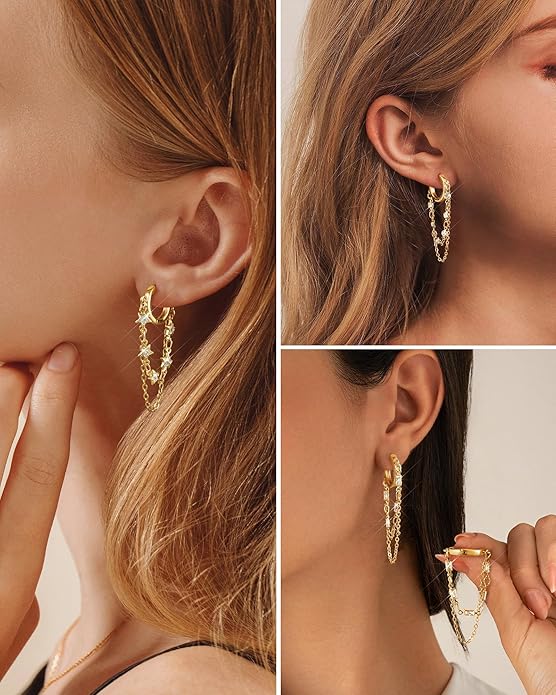 Tassel Chain Small Gold Hoop Dangle Earring For Women Huggie Earring Heart Star CZ 14K Gold Plated Fashion Jewelry Friendship Gift