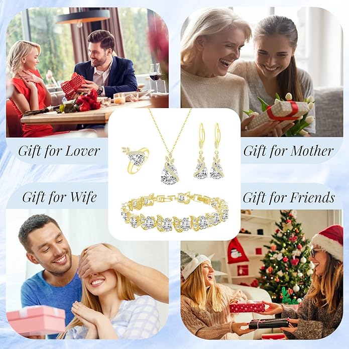 GZWHD Jewelry Set for Women CZ Earrings Necklace Ring Bracelet Set Prom Party Wedding Jewelry Gift for Mother Friend Wife
