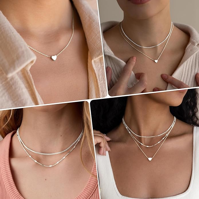 Layered Gold Necklaces for Women, Stackable Dainty 14K Gold Silver Plated Trendy Simple Heart Diamond Cross Bow Circle Pendant Paperclip Choker Dot Chain Necklace,Jewelry Set Gifts for Women