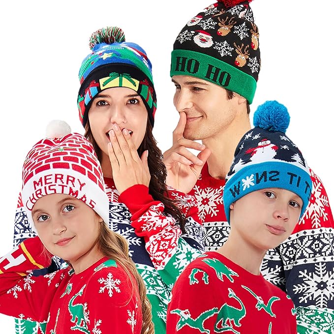 RAISEVERN Unisex Ugly LED Christmas Hat Novelty Colorful Light-up Stylish Knitted Sweater Xmas Party Beanie Cap(6 Lights)