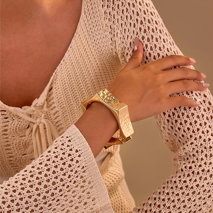 Statement Golden Matte Bracelet for women Minimalist Chunky Brushed Bangle Bracelet Vintage Thick Wide Cuff bracelet Gold Plated Open Cuff Geometric Bracelet