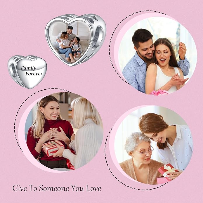 Annmors Personalized Photo Charms For Bracelets/Necklace 925 Sterling Silver Love Heart Shaped Engraved Customize Picture Gift for Birthday Mother's Day,Bead Charms Jewelry for Women