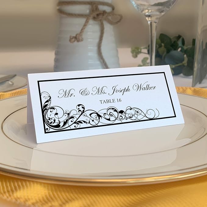 Scribble Vintage Swirl Printable Place Cards, Black (Choose Color), Set of 150 (25 Sheets), Laser & Inkjet Printers - Wedding, Party, Dinner, and Special Events - Made in the USA