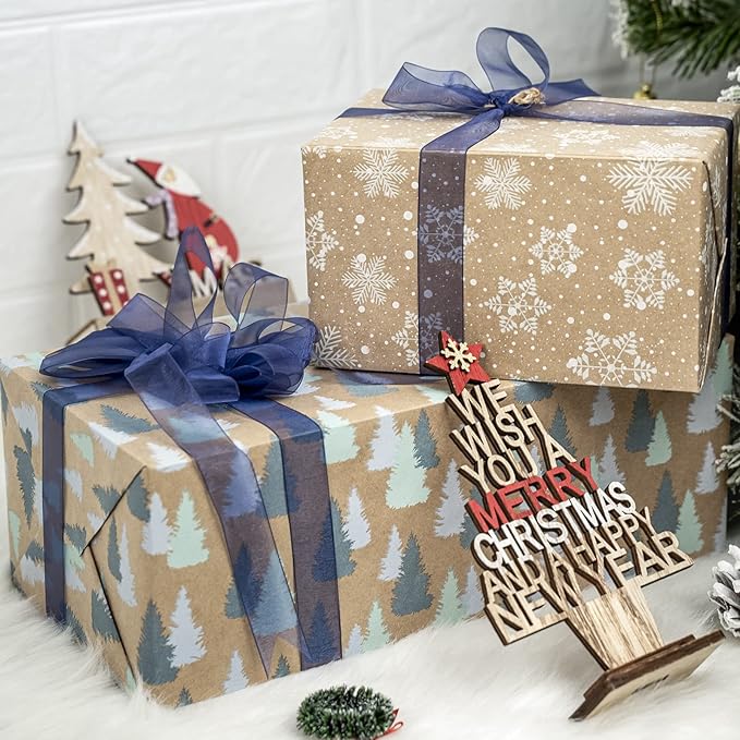 RUSPEPA Christmas Wrapping Paper, Kraft Paper - Reindeer, Stripe and Snowflakes in Blue Design - 4 Rolls - 30 inches x 10 feet per Roll