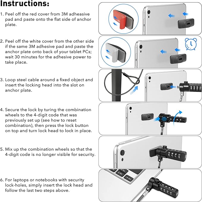 AboveTEK iPad Lock Security Cable w/Adhesive Plates, 6Ft Keyless 4 Digit Combination Tablet Lock Kit, Anti-Theft Hardware Locking Cable for iPhone Cell Phone MacBook Laptop in Showroom Retail Store