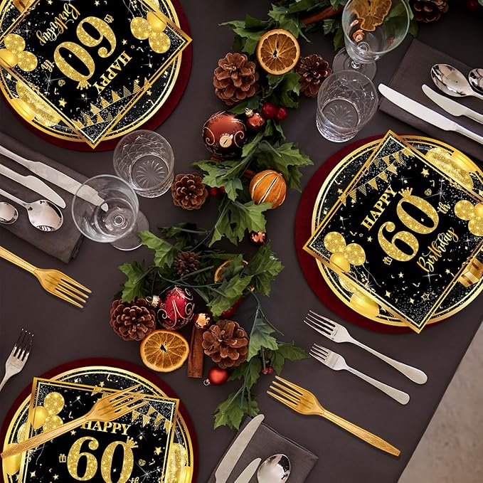60th 7 inch Birthday Party Paper Plates and Napkins Forks 60 pcs Black Gold Decorations for Boys Girls Tableware Set for Birthday Anniversary Party Supplies,Serve 20