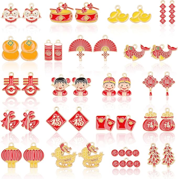 MARFOREVER Chinese New Year Charms, 40 Pcs/20 Pairs Gold Enamel Charms for Jewelry Making, Alloy Chinese Lucky Charm Pendants for Jewelry Bracelet Necklace Making