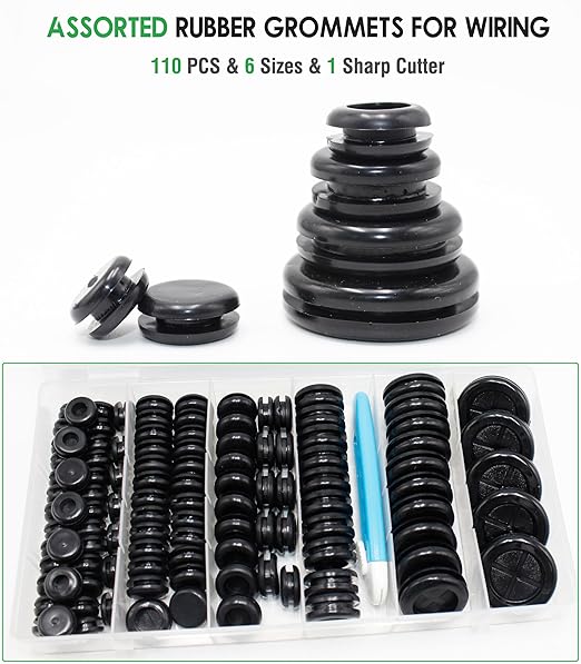 110 Pcs Rubber Grommets Kit - Rubber Plugs for Holes Assorted 6 Sizes 5/16 3/8 1/2 5/8 7/8 1 Inch, Waterproof Firewall Automotive Wires Cables Grommets Set for Sheet Metal Electric Box Desk