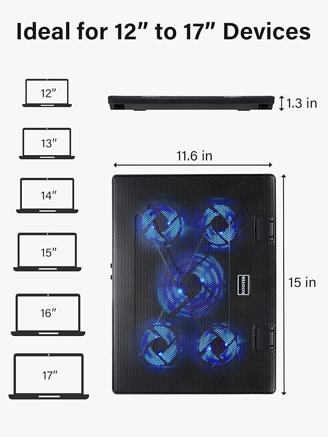 Kootek Laptop Cooling Pad, Laptop Cooler with 5 Quiet Fans for 12"-17" Computer PC Notebook Gaming Laptop Fan, Height Adjustable Laptop Cooling Stand Laptop Accessories, Blue