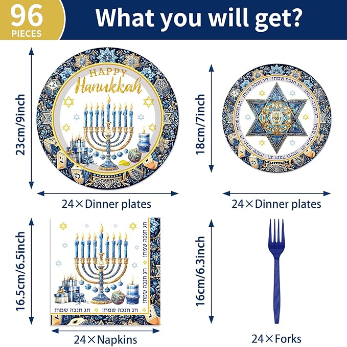 96Pcs Hanukkah Paper Plates Napkins Forks Happy Hanukkah Tableware Set with Menorah and Star of David Jewish Holiday Celebration Theme Party Supplies Serve 24 Guests