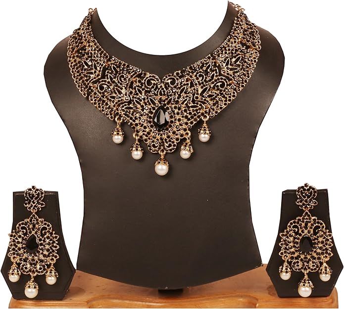 Touchstone Indian jewelry sets for women tikka wedding necklace costume guest statement bollywood rhinestones crystal faux pearls gold big royal neck piece set bridal fashion accessories
