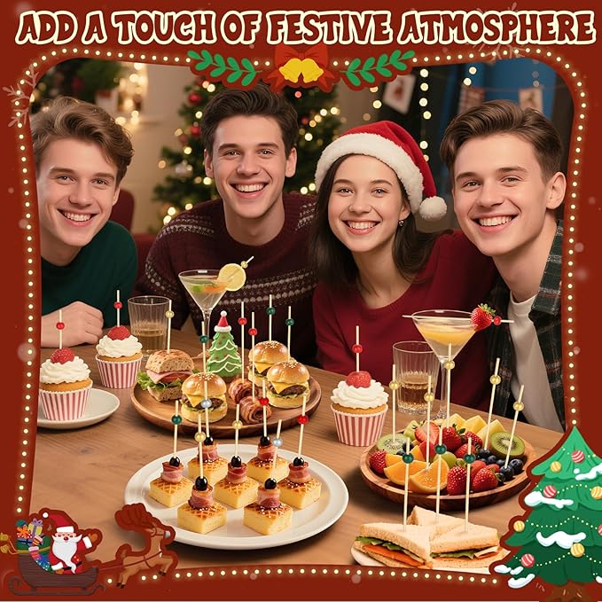 200PCS Christmas Cocktail Picks, Fancy Bamboo Toothpicks for Appetizers Drinks Food Fruit, 4.7 IN Wooden Pearl Skewers Charcuterie Sticks, Christmas Party Supplies Decorations (Red/Green/Gold/Silver)