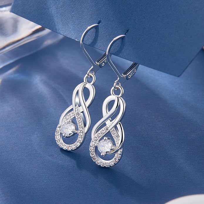 Sterling Silver Dangle Earrings for Women Trendy Hypoallergenic Leverback Silver Drop Earrings with Cubic Zirconia Double Twisted Infinity Heart Ball Charm Dangle Drop Earring Jewelry