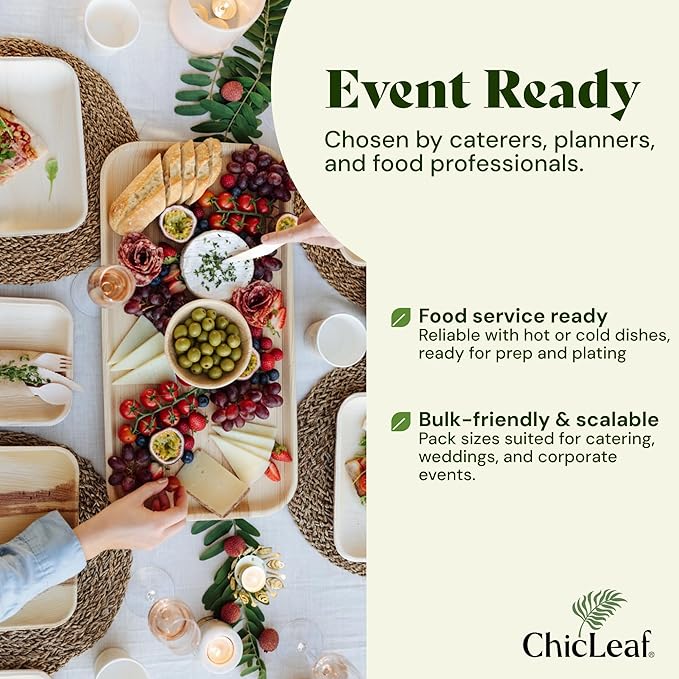 Chic Leaf All Natural Compostable & Disposable Rectangular 15" x 10" Palm Leaf Tray for 4th of July - Party Charcuterie Board, Thanksgiving, Catering & Wedding Appetizers - Party Plates (10 pc)