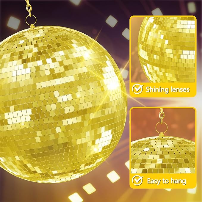 16 inch Gold Disco Ball, Hanging Mirror Disco Ball, Christmas Decoration Disco Light Ball, Stage Lighting Effect, 12/16/20 inch Home,Stage and Bar Glittering Party Decoration (16inch-Gold)