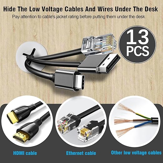 3/4" White Desk Grommet, JTemgle Flexible Cable Grommet with Bi-Metal Hole Saw Cross Rubber Cable Hole Cover Wire Organizer Caps Desktop Cord Management for Home Office TV Stands Tabletops, 13 Pieces