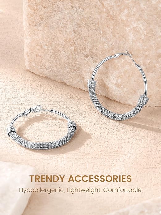 KeyStyle Mesh Hoop Earrings for Women, Stainless Steel Gold Hoops Earring Lightweight Loops, 2MM Thick Hypoallergenic Circle Endless Hollow Hoop 20mm-80mm