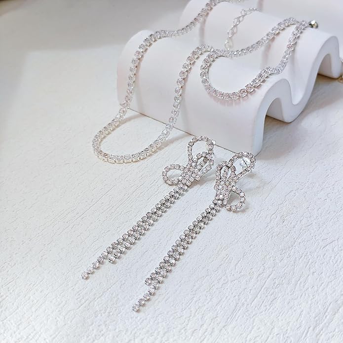 Tennis Necklace Bracelet for Women, Dainty Sterling Sliver Choker Necklace Crystal Link Bracelet Stud Earrings for Women Wedding Jewelry for Bride Jewelry Set Accessories