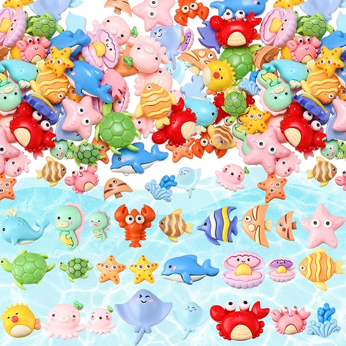 Giegxin 40 Pcs Summer Resin Charms Sea Animals Crab Dolphin Shell Starfish Flatback Cabochon Accessories Cute Embellishments Bulk for Jewelry Cellphone Case Scrapbooking Headband DIY Craft Making