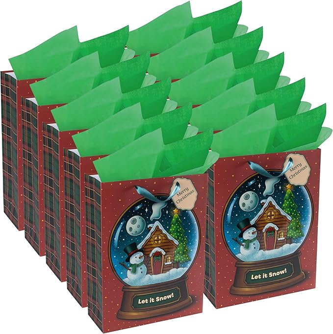 RACHELLE'S Snow Globe Christmas Gift Bags – Large 16"x12"x5" (10-Pack) – Sturdy Paper Gift Bags with Tissue Paper, Tag and Handle – Let It Snow – Perfect for Christmas Holiday Gifting & Party Favors