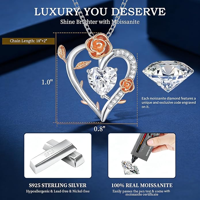 Gorgeous Moissanite Necklaces for Women - Valentine's Day Gifts for Wife Girlfriend, 925 Sterling Silver 1-3CT Moissanite Pendant Jewelry, Wedding Anniversary Birthday Christmas for Mom