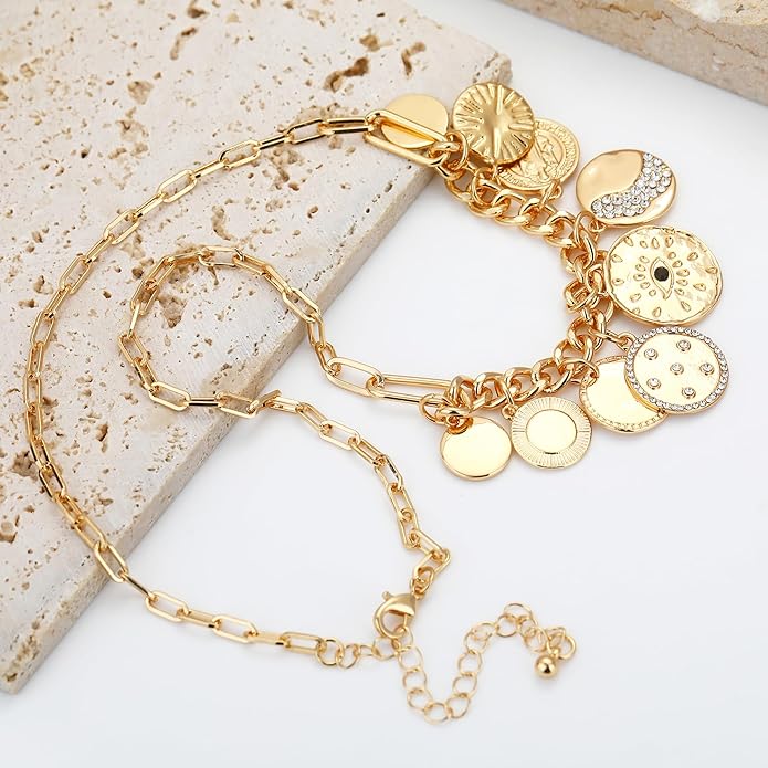 MISS RIGHT Dainty Gold Evil Eye Hamsa Hand Coin Lucky Charm Pendant Necklace for Women Trendy Vintage Paperclip Chain Sun Moon Clover Flower Chunky Charm Necklace Jewelry Gifts