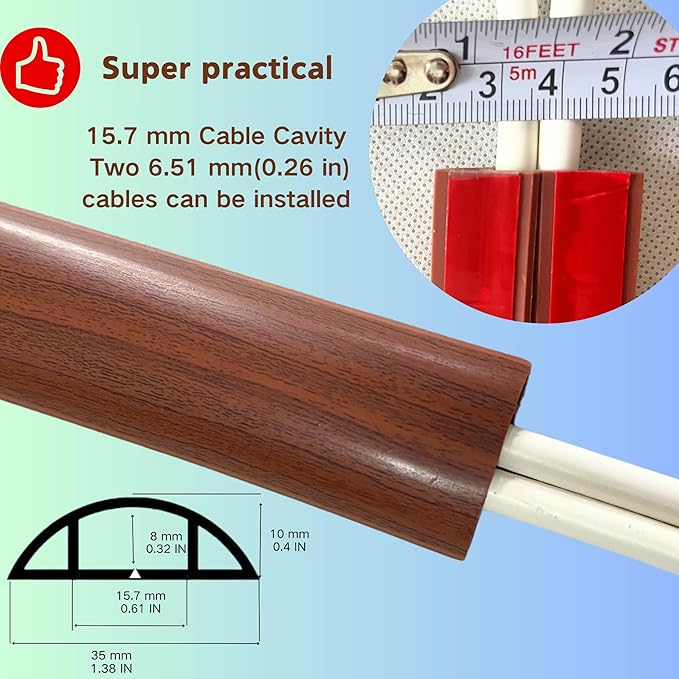 3.3ft Self Adhesive Floor Cord Cover, Cord Hider Floor, Cable Cavity:0.61"(W) x 0.32"(H),Heavy Duty Cable Protector, Hide Extension Cords, Cable Management Hide Wires on Floor,Walnut Wood