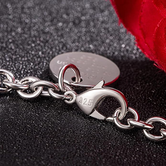 Dankadi Women 925 Sterling Silver Round Cable Wire Link Bracelet Charm Heart-Bell-Square-Circle Pendant Chain Bangle Fine Jewelry Gift For Wife Her