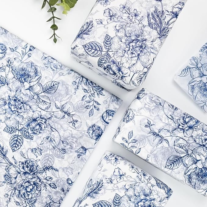 100 Sheets Blue Flower Gift Wrapping Tissue Paper Recyclable Greenery Botanical Packaging Bag for Wedding Birthday Showers Art Craft Party Favor Decoration