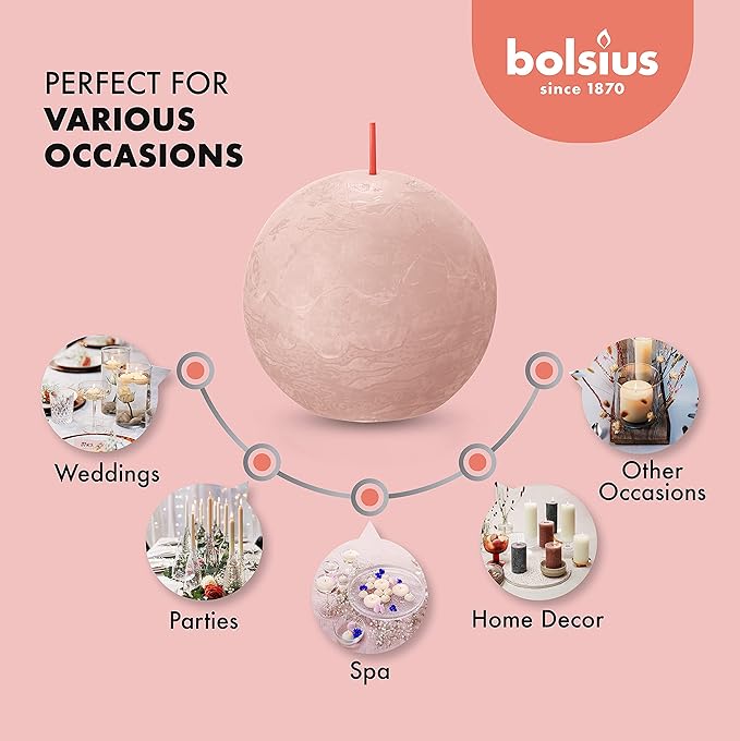 BOLSIUS 3 Pack Misty Pink Rustic Ball Pillar Candles - 3 Inch - Premium European Quality - Includes Natural Plant-Based Wax - Unscented Dripless Smokeless 25 Hour Party Décor and Wedding Candles