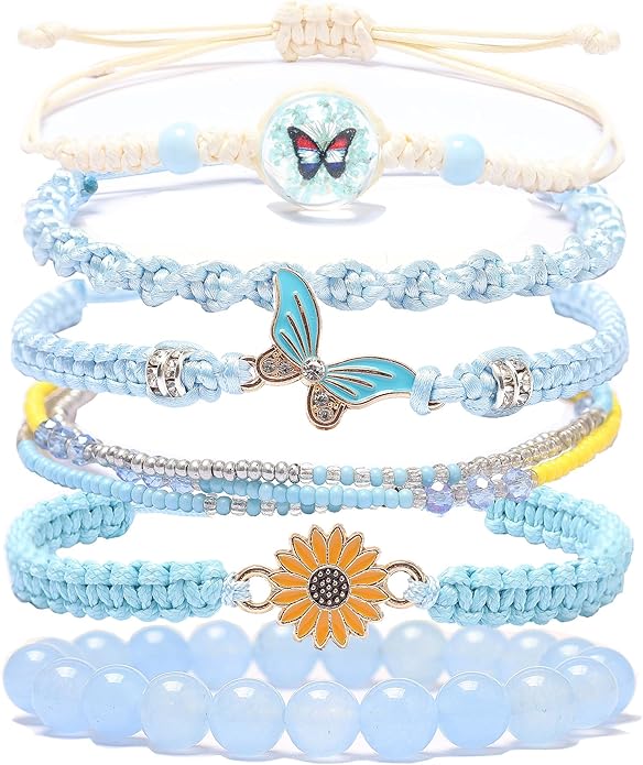 DS 6PCS String beads Charm Bracelets for Teen Girls Handmade Braided Rope Butterfly daisies Eternal flower Boho Surfer Bracelet for women Adjustable friendship Stretch birthday jewelry Gift Friends