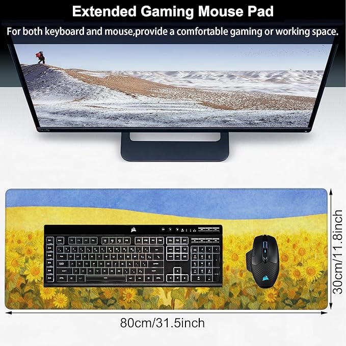 Field of Sunflowers Desk Mat,Large Sunflower Oil Painting Gaming Keyboard Mouse Pad,Non-Slip Rubber Base Desk Pad Thick Stitched Edges Waterproof Mousepad Mouse Mat 31.5"x11.8"
