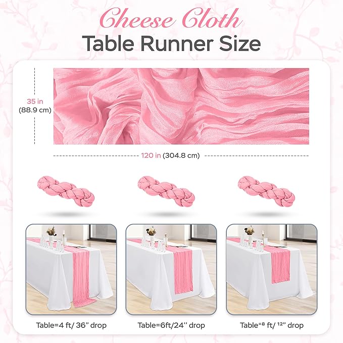 Cheesecloth Table Runner 6 Pack – 35x120 Inch (10ft) Boho Rustic Gauze Cloth Runners – Crinkle Polyester Table Decor for Wedding, Baby Shower, Bridal Shower, Birthday Party and More (Pink)
