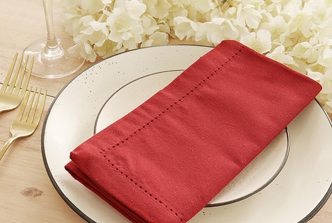 PurpleEssences Set of 12 Hemstitch Cloth Dinner Napkins 100% Cotton - Soft Durable Washable - Ideal for Wedding Fall Thanksgiving - Perfect Everyday Use Table Linen 18x18 - Red