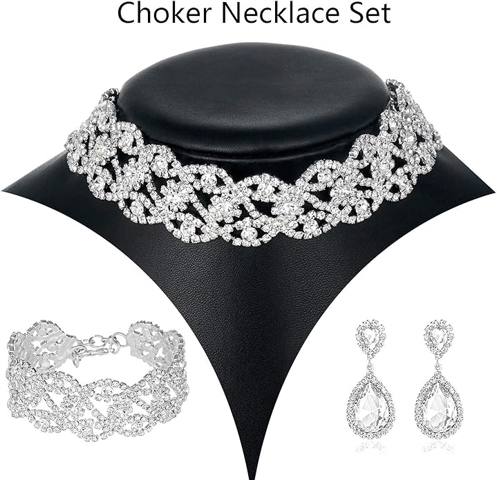 3/4 Pieces Women Jewelry Set Artificial Rhinestone Crystal Bride Statement Choker Necklace Tiara Crown Link Bangle Bracelet Teardrop Dangle Earrings Set