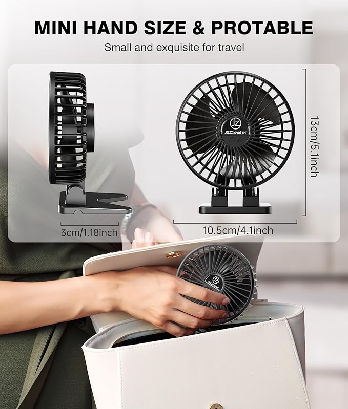 JZCreater USB Desk Fan, Mini Portable, 3 Speeds Desktop Table Cooling, Plug in Power, Rotation Strong Wind, Quiet Personal Small for Home Office Travel Bedroom, Black