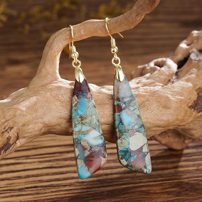 Boho Women Natural Stone Earrings Unique Healing Imperial Jasper Gemstone Energy Hypoallergenic Lightweight Dangle Drop Earrings Multiple Styles Earrings Jewelry for Birthday Party Gift