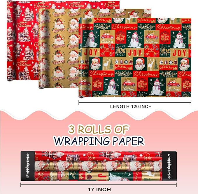 MAYPLUSS Reversible Christmas Wrapping Paper Rolls - 17" X 120" Per Roll - Classic Vintage Funky Red Santa Claus Wrap Present Paper for Festive Celebrations