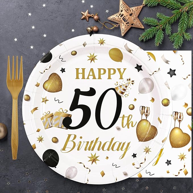 75PCS 50th Birthday Plates and Napkins Party Decorations, 7 Inch White and Gold Happy 50th Birthday Paper Dessert Cake Plates and Napkins Set Disposable Tableware Party Favors for Women Men