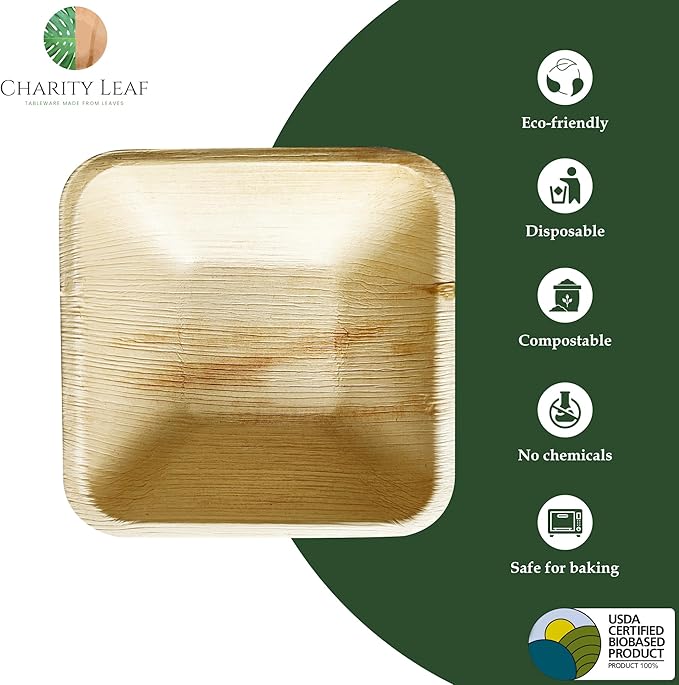 Charity Leaf Disposable Palm Leaf 4" Square Bowl (200 pcs) Dipping Bowls | Bamboo Like| All Natural and Biodegradable | Charcuterie Boards, BBQs, and Parties