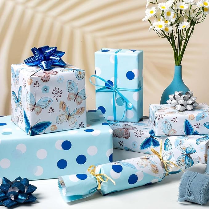MIMUTI Watercolor Butterfly Wrapping Paper - 17 in X 33 ft - Blue Reversible Gift Wrap with Butterfly, Polka Dots, Flowers, Branches and Leaves - Perfect for Wedding, Mother's Day, Baby Shower