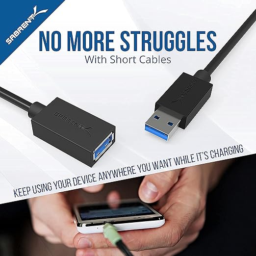 SABRENT 22AWG USB 3.0 Extension Cable - A-Male to A-Female [Black] 10 Feet (CB-3010)