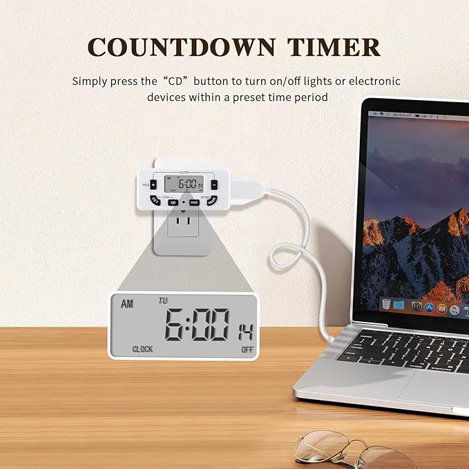 7 Day Programmable Digital Timer Outlet, Indoor Timer with Single Plug-in, Digital Light Timers for Lamp, Fan, Aquarium, 15A 1/2HP, 1 Pack