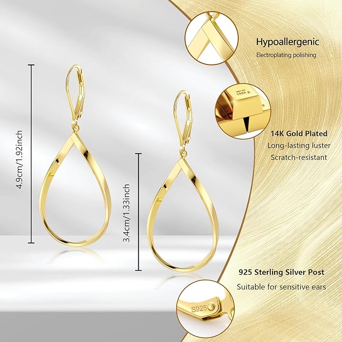 ALEXCRAFT 925 Sterling Silver Teardrop Leverback Earrings for Women Trendy Waterdrop Drop Twisted Dangle Earrings Jewelry 14K Gold Plated Hypoallergenic Boho Leverback Dangle Earring