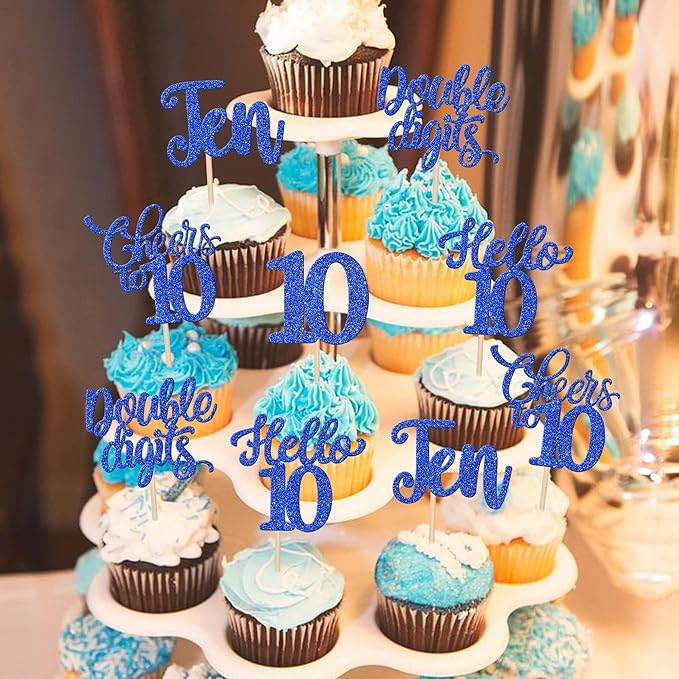 30PCS Happy 10th Birthday Cupcake Toppers Glitter Ten Double Digits Hello 10 Cupcake Picks Cheers to 10 Birthday Decorations for 10th Birthday Anniversary Party Cake Decorations Supplier Blue