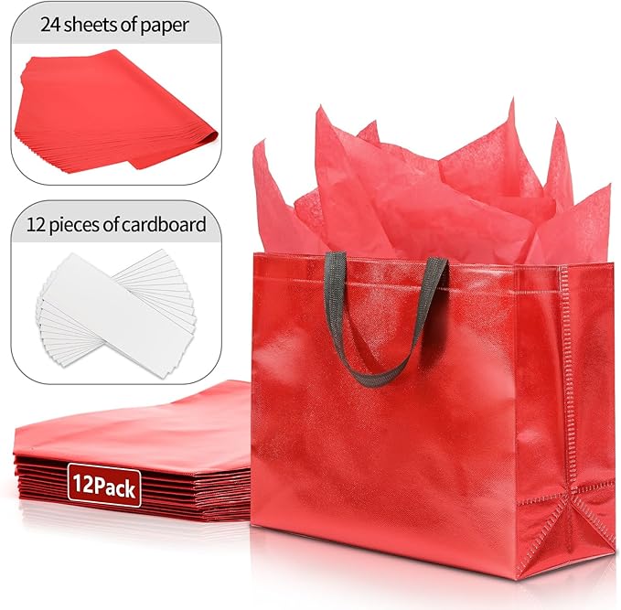 KeerxunBag 12Pcs Reusable Gift Bags（Includes Tissue Paper） Gift bag with handle Birthdays Parties Holidays Weddings Medium 13x5x11in Red Gift Bags
