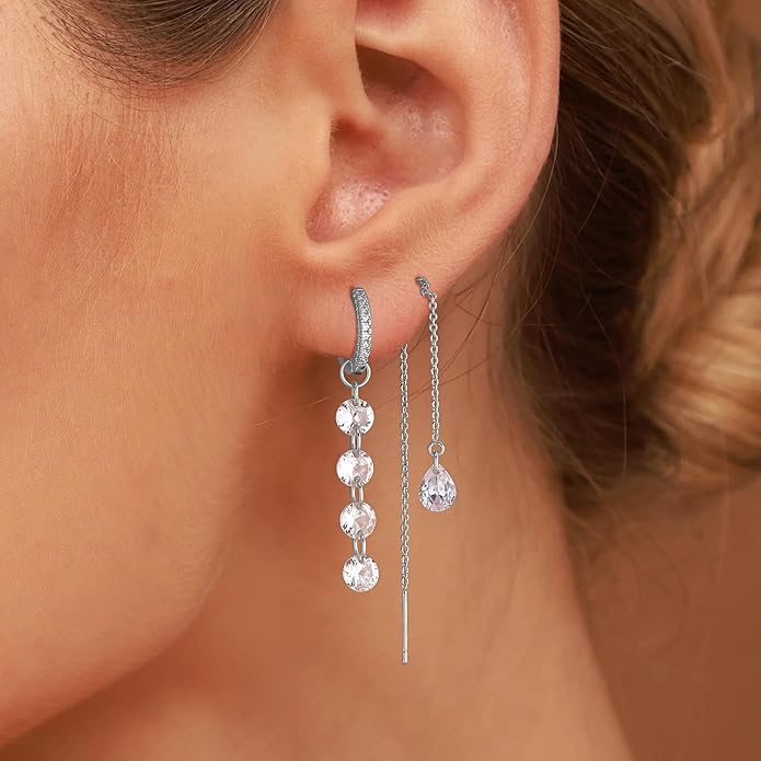 Dangle Earrings For Women Trendy 14K Gold Plated Drop Silver Long Dangling Dainty CZ Simple Hanging Jewelry