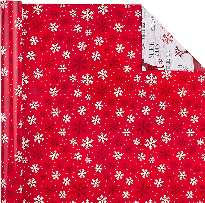 WRAPAHOLIC Reversible Christmas Wrapping Paper Roll - Mini Roll - 17 Inch x 33 Feet - Red White Reindeer and Snowflake Wrapping Paper for Christmas, Holiday, Party